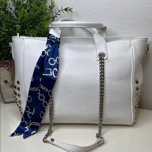 Viola Castellani White Leather Satchel Shoulder Bag‎ with Stud and Chain Detail